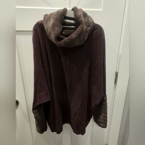 Capote Faux Fur Trim Tunic Top Brown Cowl Neck Pullover Sweater Medium Cozy Luxe
